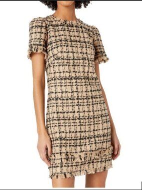 Womens Kate Spade Tweed Career Dress Roasted Peanut Black Fringe Trim Sheath 4
